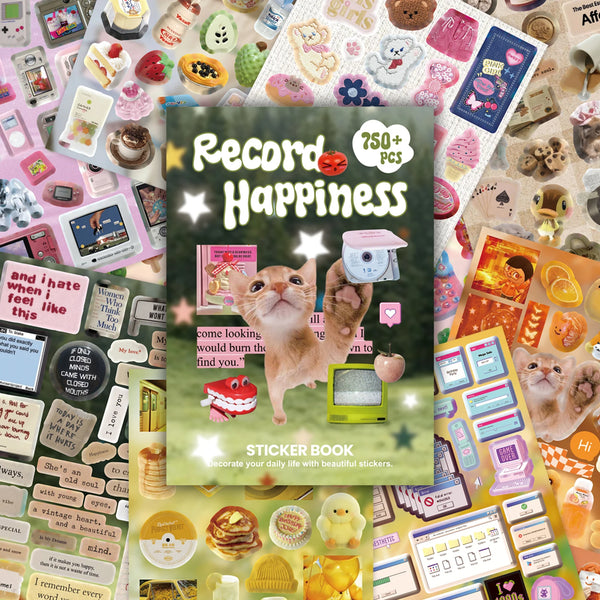 A colorful sticker book titled Record Happiness featuring various cute animal and themed stickers for journaling.