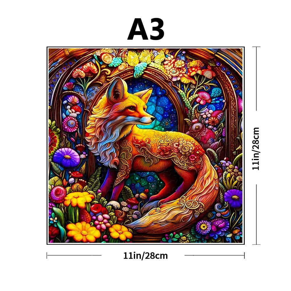 A detailed illustration of an orange fox surrounded by vibrant flowers and foliage, suitable for a wooden jigsaw puzzle.