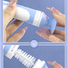 A close-up of a blue baby bottle cleaning brush set being used to clean a bottle, shown in two different models.