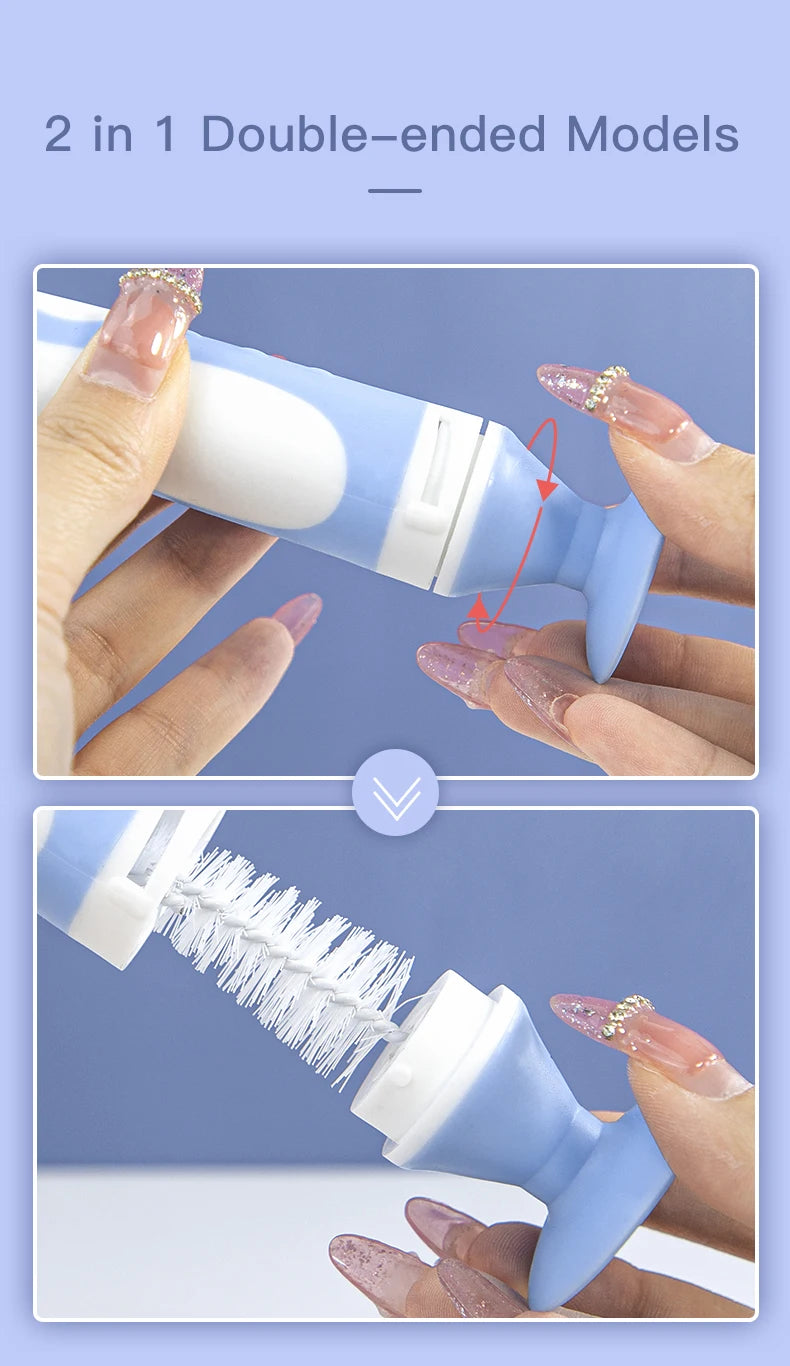 A close-up of a blue baby bottle cleaning brush set being used to clean a bottle, shown in two different models.