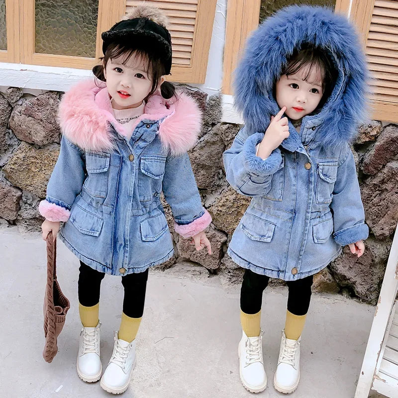 Two children wearing blue denim jackets with faux fur collars and black leggings and white boots.