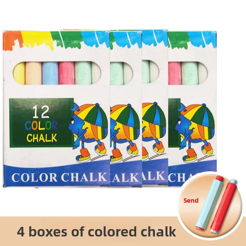 Four boxes of colored chalk, featuring various colors and a cartoon character design.
