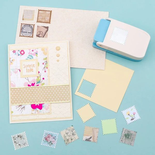 A set of square postage stamp punchers and various stamps on a light blue background.