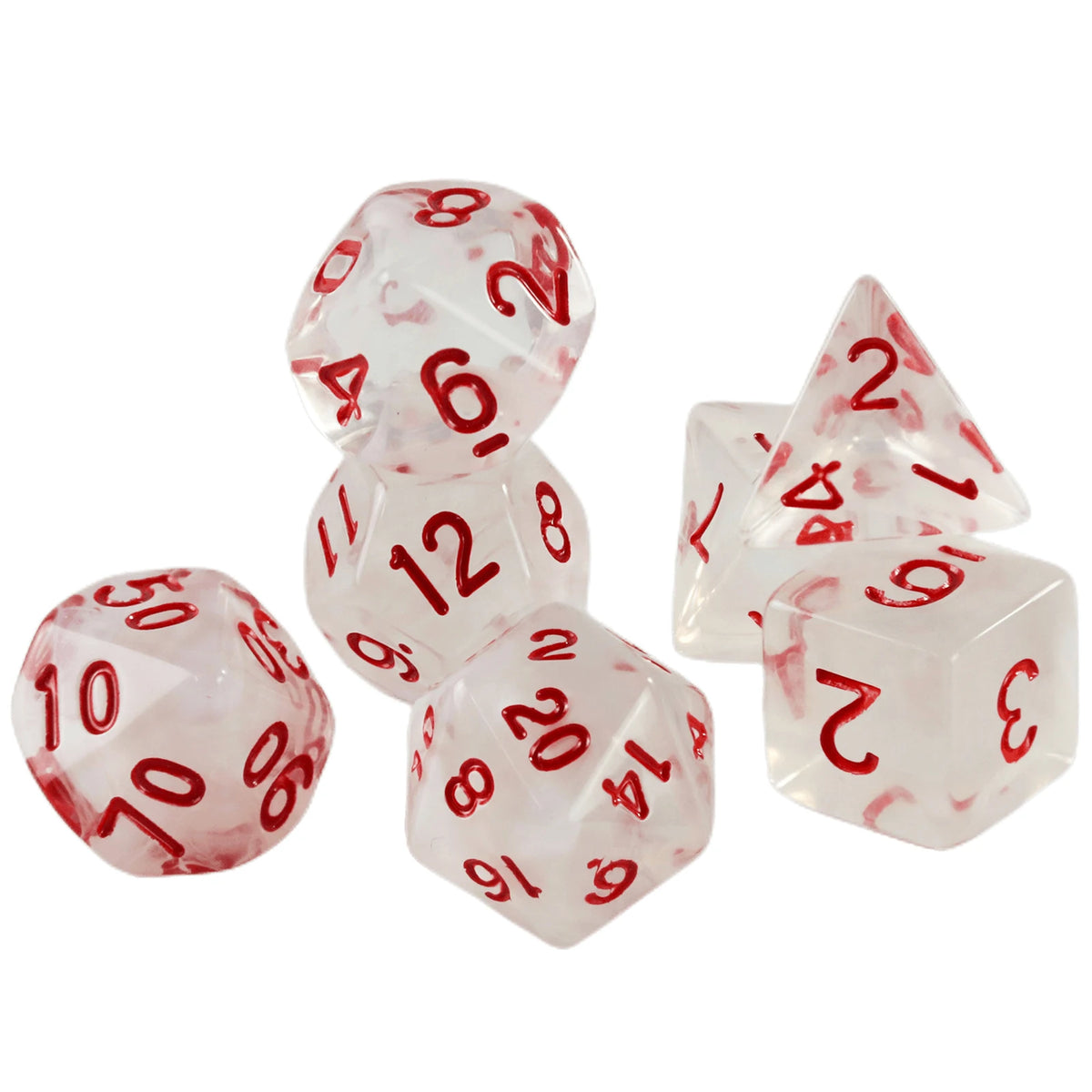 A set of seven polyhedral dice with a white and red haze swirl effect for role-playing games