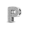A personalized sterling silver alphabet charm bead shaped like the letter P, encrusted with cubic zirconia stones.