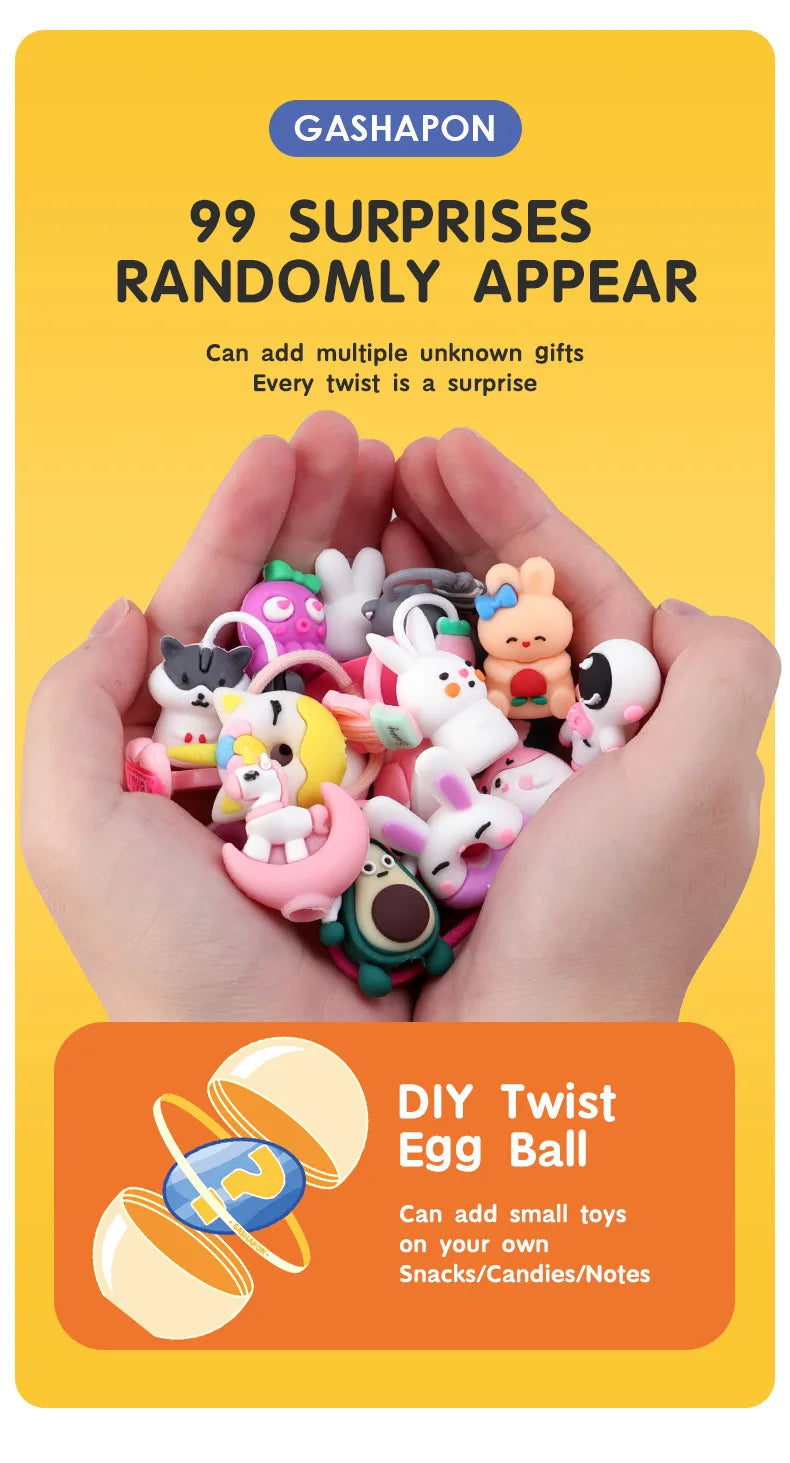 Hands holding a DIY Twist Egg Ball toy filled with various surprise toys and gifts