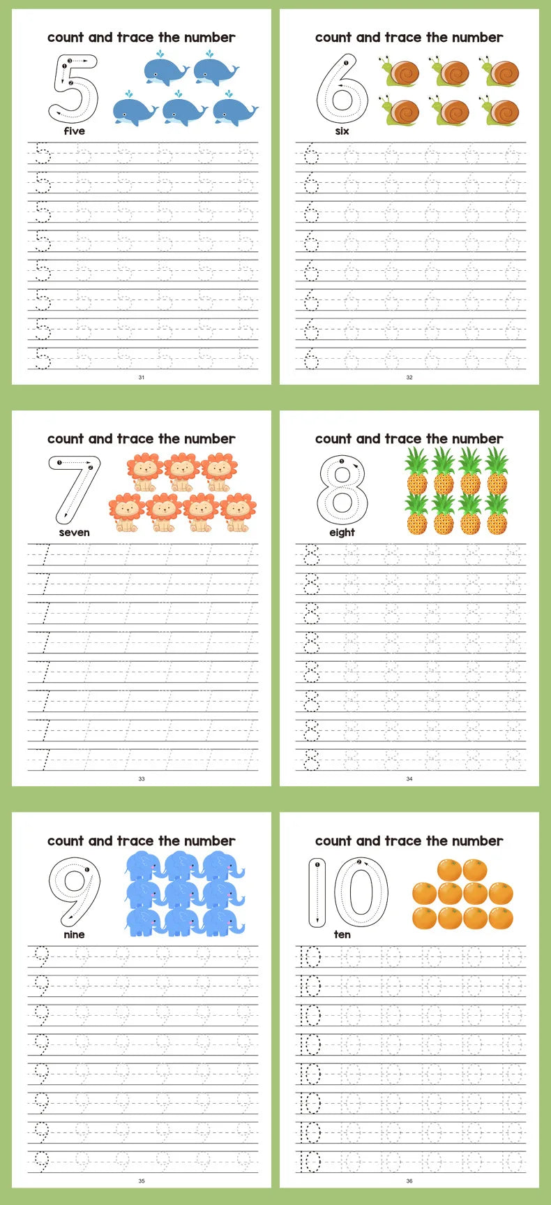 A page from a preschool math workbook showing tracing and counting practice for numbers five through ten.