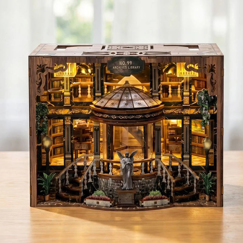 A wooden miniature library model kit featuring an arched entrance and detailed bookshelves with internal LED lighting.