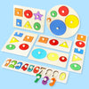 A set of wooden shape and color sorter puzzles for toddlers featuring various colored circles, squares, triangles, and stars.