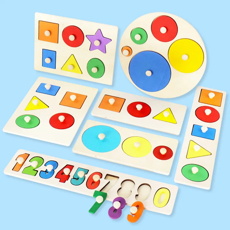 A set of wooden shape and color sorter puzzles for toddlers featuring various colored circles, squares, triangles, and stars.