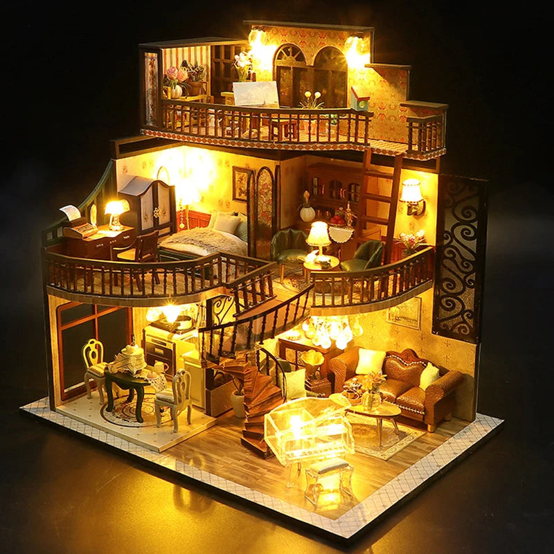 A detailed wooden miniature dollhouse assembly kit featuring furniture and interior decor.