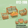Two sets of wooden beach cloth covers for dollhouse furniture playsets, including a mini living room and kitchen.