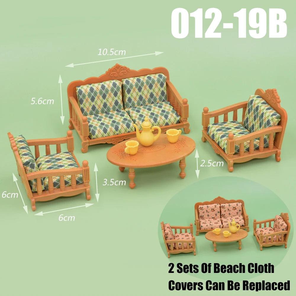 Two sets of wooden beach cloth covers for dollhouse furniture playsets, including a mini living room and kitchen.