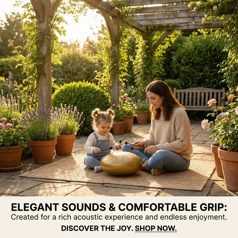 A young girl is playing a golden handpan drum with wooden mallets in a garden setting.