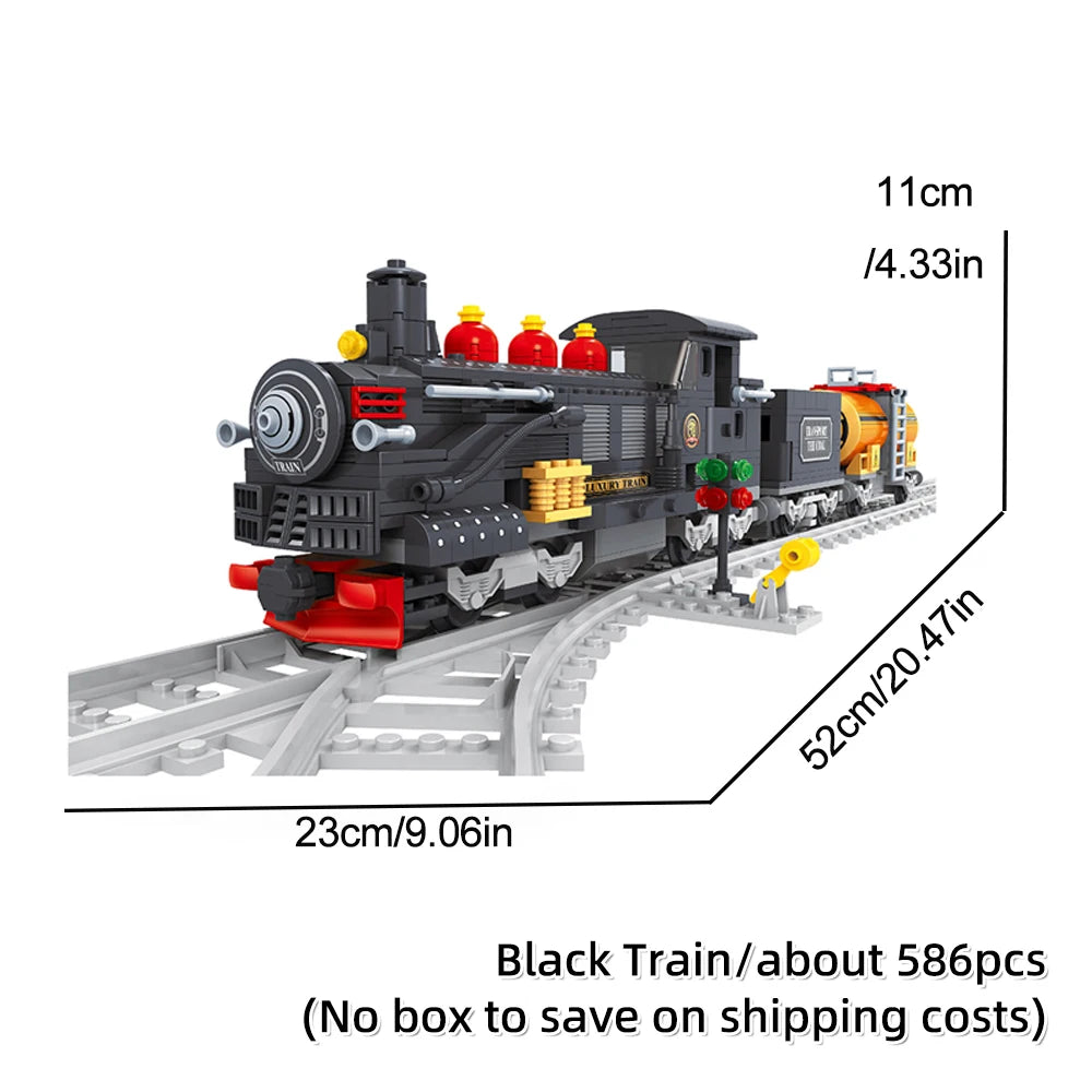 A black vintage steam passenger train model built from building blocks on a gray track.