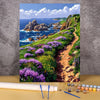 A painting of a scenic coastline with purple flowers and a winding dirt path.