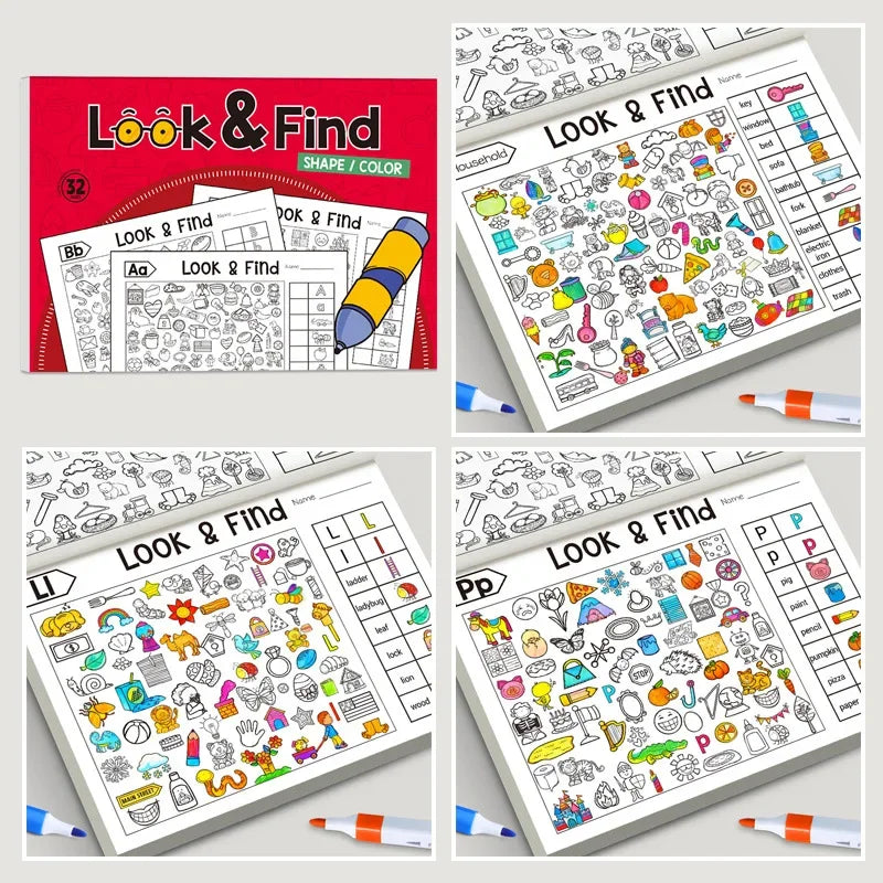 A set of Look & Find coloring books for children featuring various objects and shapes.