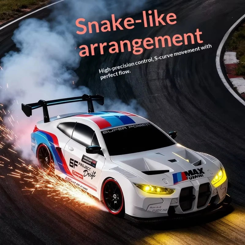 A white 4WD RC drift car with blue and red accents is shown driving on a track, emitting sparks and light.