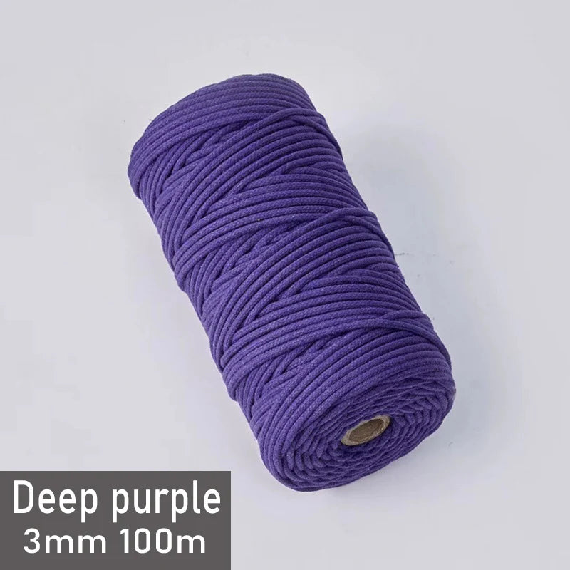 A spool of deep purple 3mm cotton macrame cord measuring 100 meters.