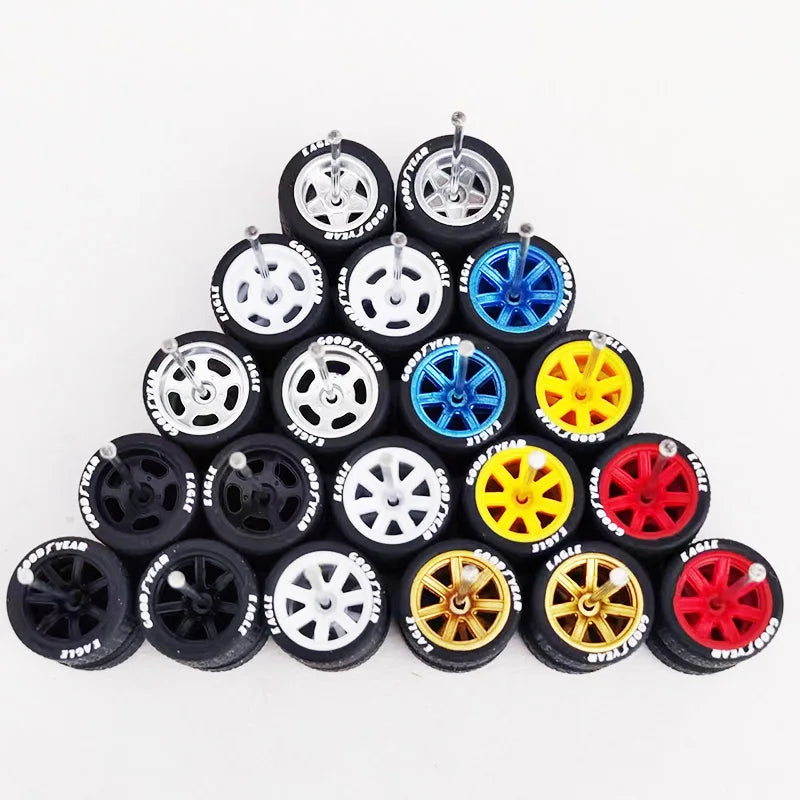 1/64 Scale Alloy Car Wheels with Rubber Tires - 10 Sets