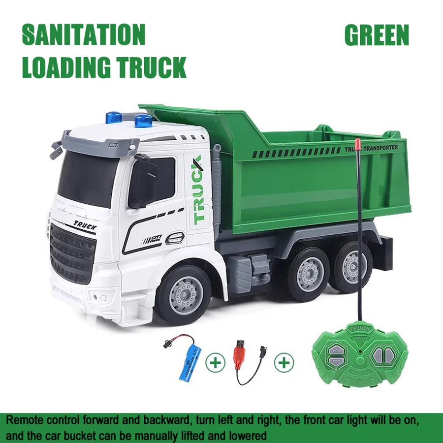 A green sanitation loading truck toy with a white cab and remote control features for forward, backward, left, right movement