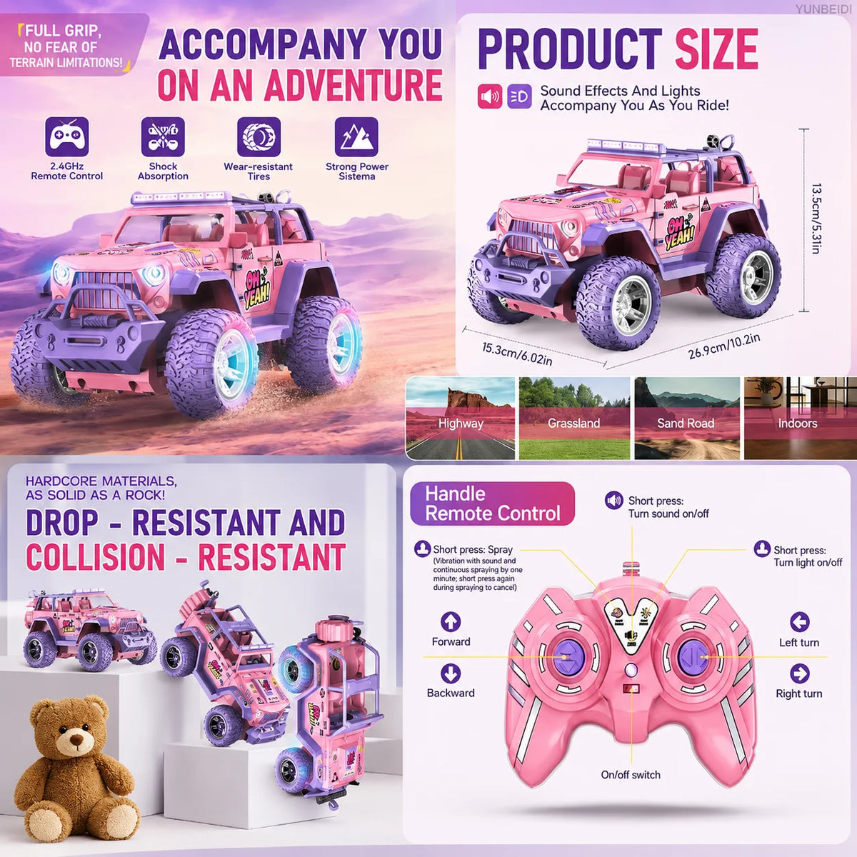Pink Remote Control Drift Car with Lights and Sound Effects