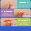 Three steps showing how to use a cardboard construction kit: Punch, Screwing, and Connect.