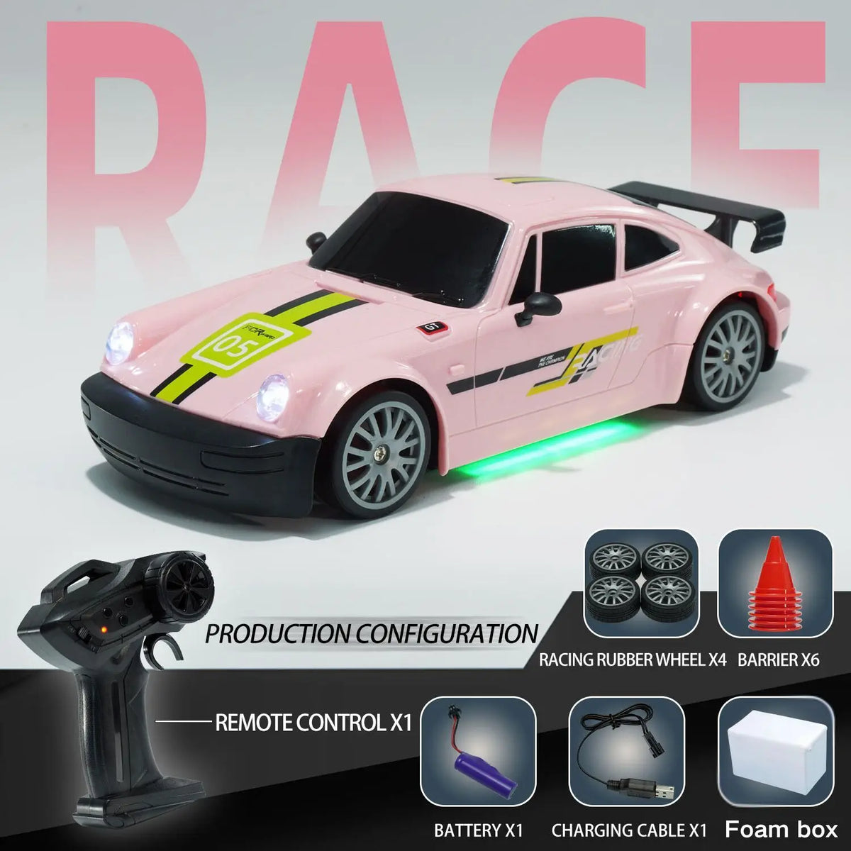 Pink high-speed RC drift car with black accents and racing features shown next to its components.