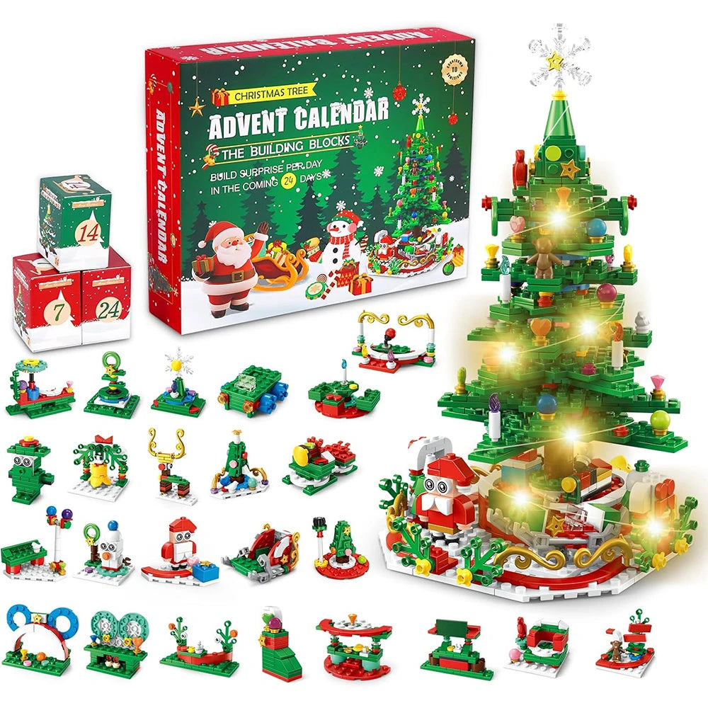 A box of a Christmas Advent Calendar building block set featuring 24 surprise mini figures and various holiday-themed blocks.