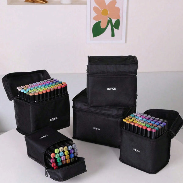 A collection of black storage pouches containing various sets of professional dual tip art sketch markers in different colors