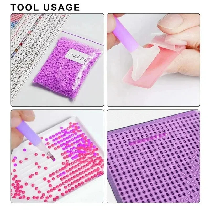 A collection of diamond painting materials including various colored and clear gems, tools, and a purple grid surface.