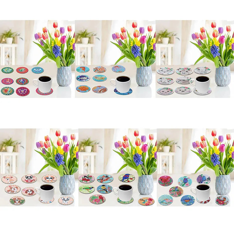 A set of DIY diamond art coasters featuring various animal designs and floral arrangements.