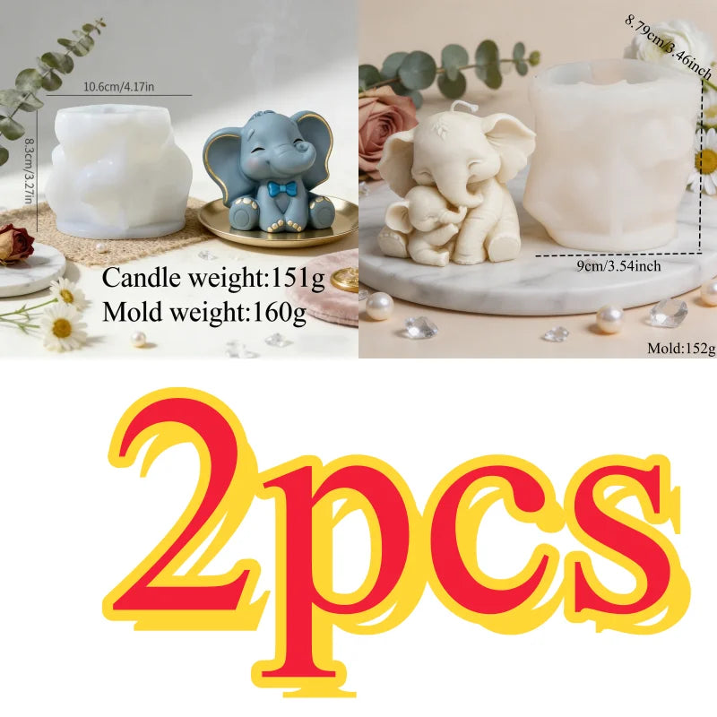 Two white silicone molds, one shaped like an elephant and one like a baby elephant, used for candle soap and resin crafts.