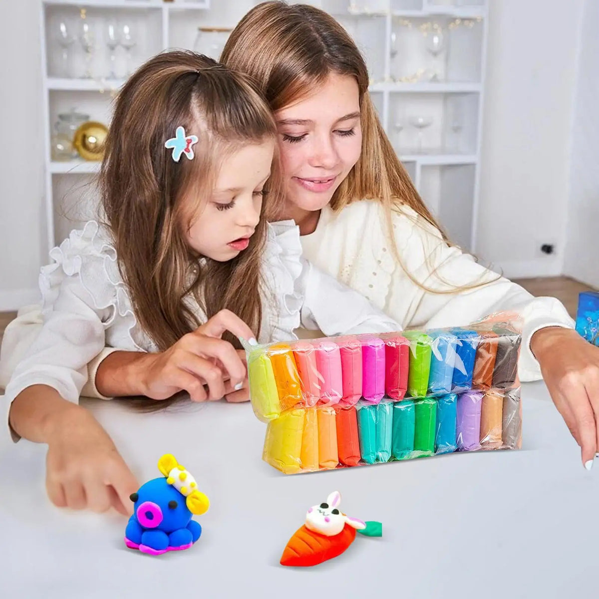 A young girl is modeling vibrant air dry clay in various colors, with a small purple clay figure and an orange clay animal ne
