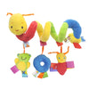 A set of colorful soft plush hanging baby toys featuring yellow, green, and blue animals.
