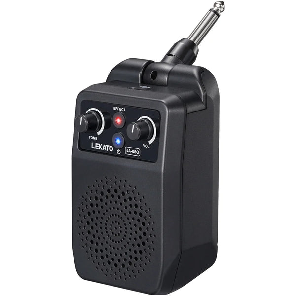 A black mini portable electric guitar amplifier with knobs and a speaker grille.
