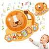 A yellow wooden toy featuring an orange lion face and various animal shapes, designed as a musical piano for children.