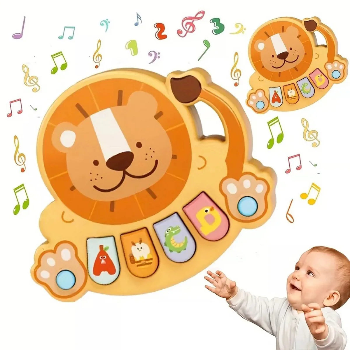 A yellow wooden toy featuring an orange lion face and various animal shapes, designed as a musical piano for children.