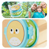 A light blue and green owl double-sided musical drum for kids is shown with children playing outdoors.