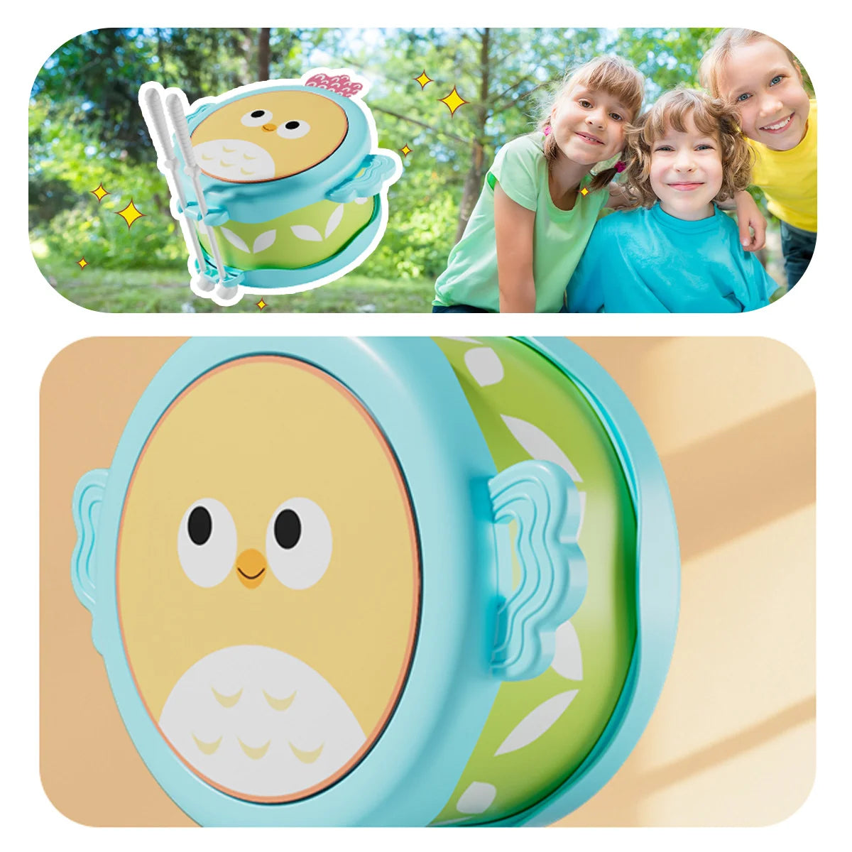 A light blue and green owl double-sided musical drum for kids is shown with children playing outdoors.