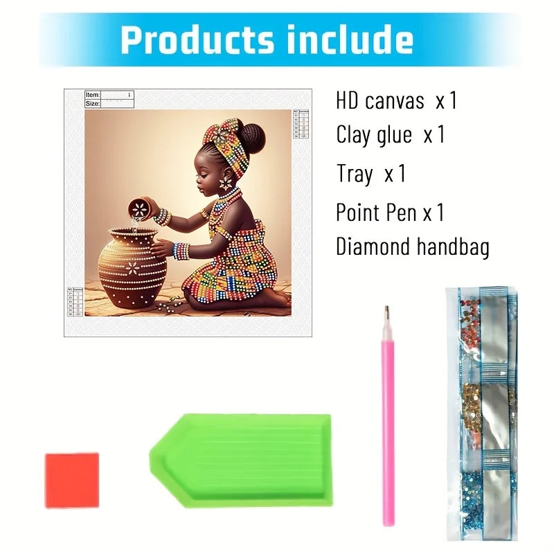 Diamond painting kit including an HD canvas, clay glue, tray, point pen, and a diamond handbag.