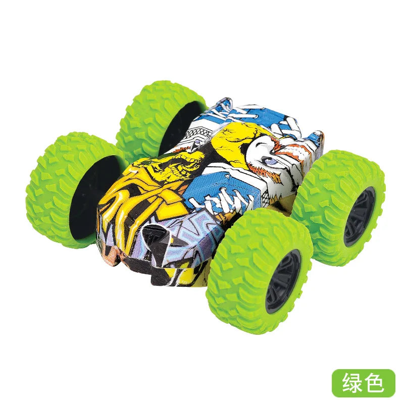 A yellow and blue pull-back stunt car with green wheels.