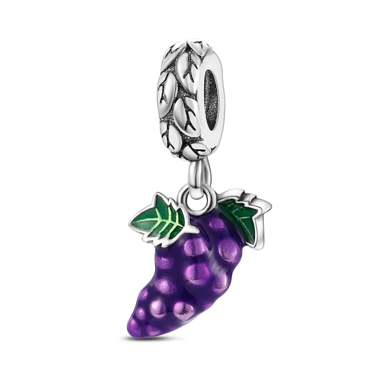 A silver fruit charm featuring a purple grape with green leaves, designed for bracelets.