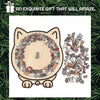 A cat-shaped wooden jigsaw puzzle featuring a circular design with many unique pieces.