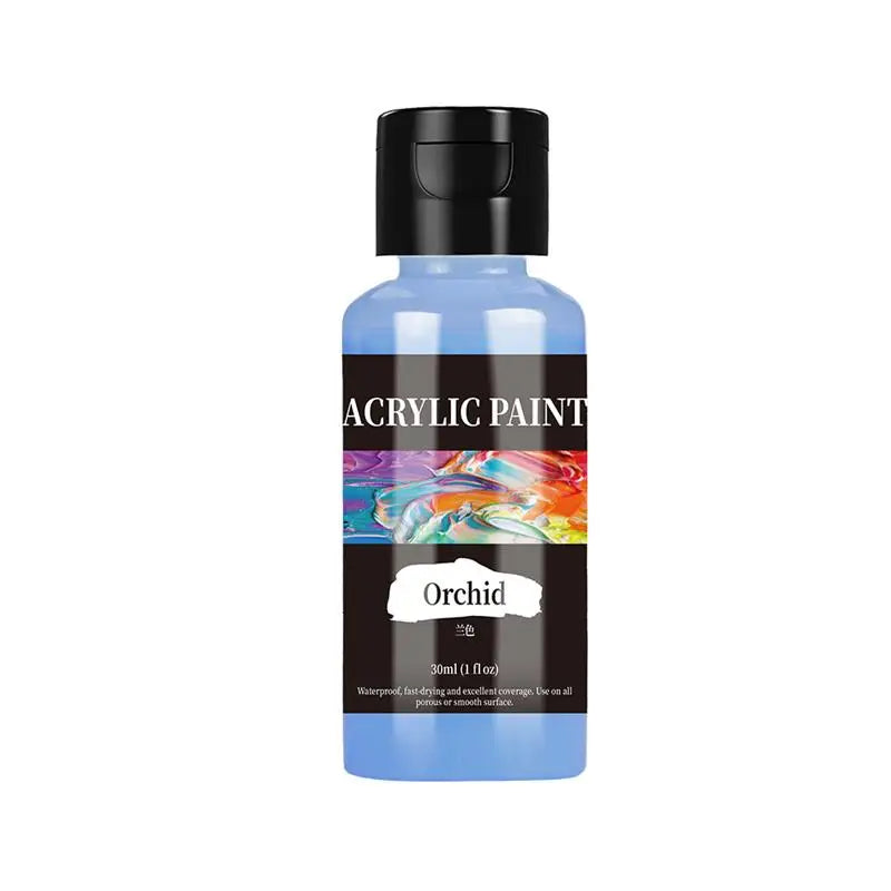 A dark blue bottle of Orchid acrylic paint with a black cap and label.