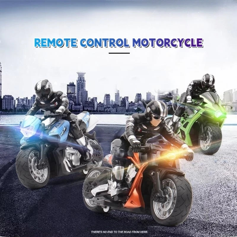 A black motorcycle is featured in a dynamic shot with riders, emphasizing remote control capability.