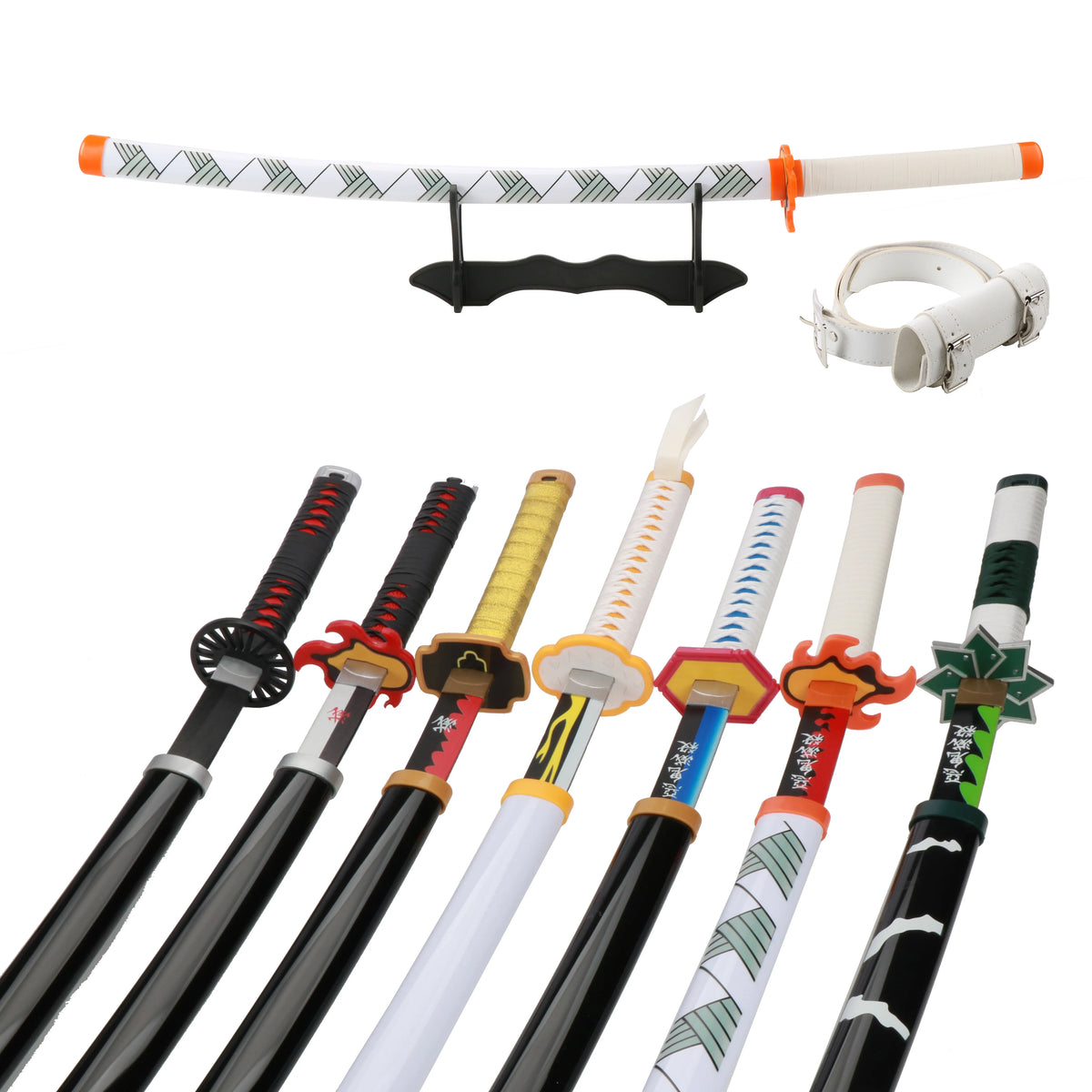 A collection of Demon Slayer anime katana swords with various colored hilts and scabbards.