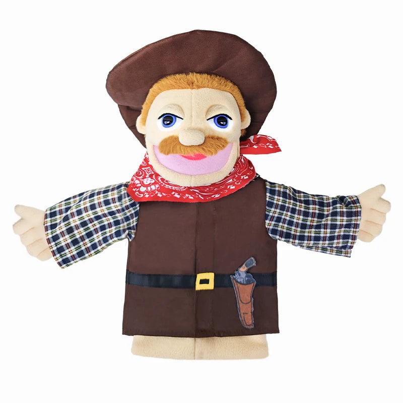 A brown plush hand puppet with a mustache and red bandana, featuring a smiling expression.