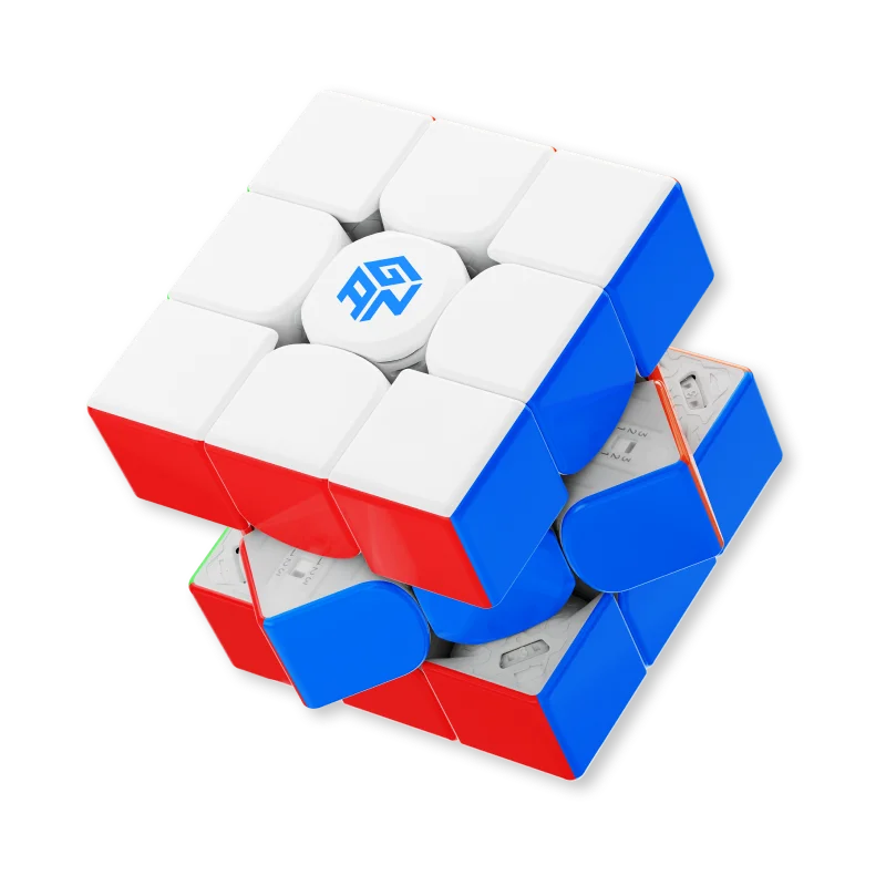 A professional 3x3 magnetic puzzle cube with white and blue magnetic pieces, shown at an angle.