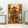 A painting featuring a smiling Jack-o'-lantern dressed in plaid, surrounded by autumn leaves and pumpkins.